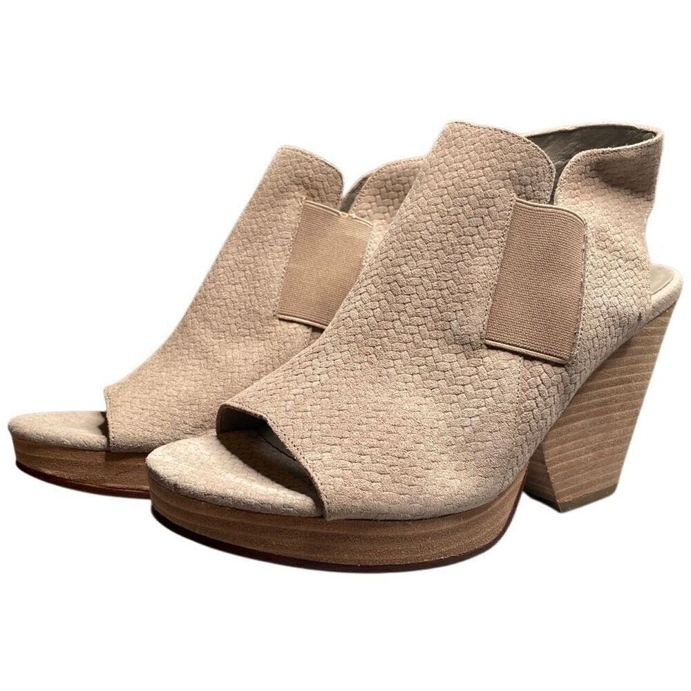 Eileen Fisher Womens Vero Cuoio Suede Peeptoe Wedges 9 Tan Herringbone Elastic